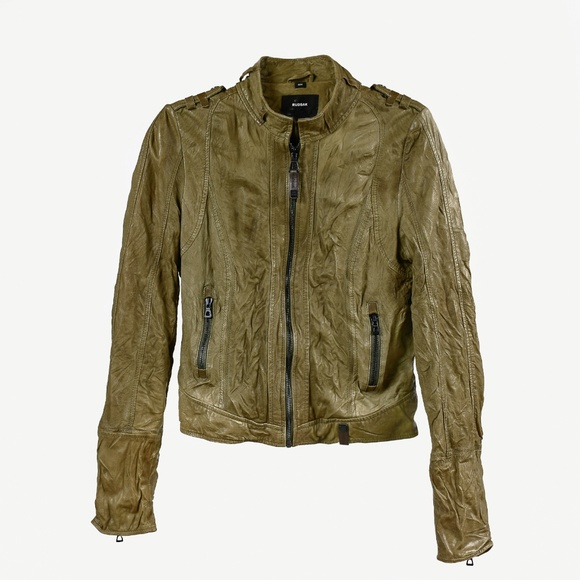 RUDSAK Khaki Crinkled Leather Cropped Moto Jacket Size M MSRP $550 - Picture 1 of 14